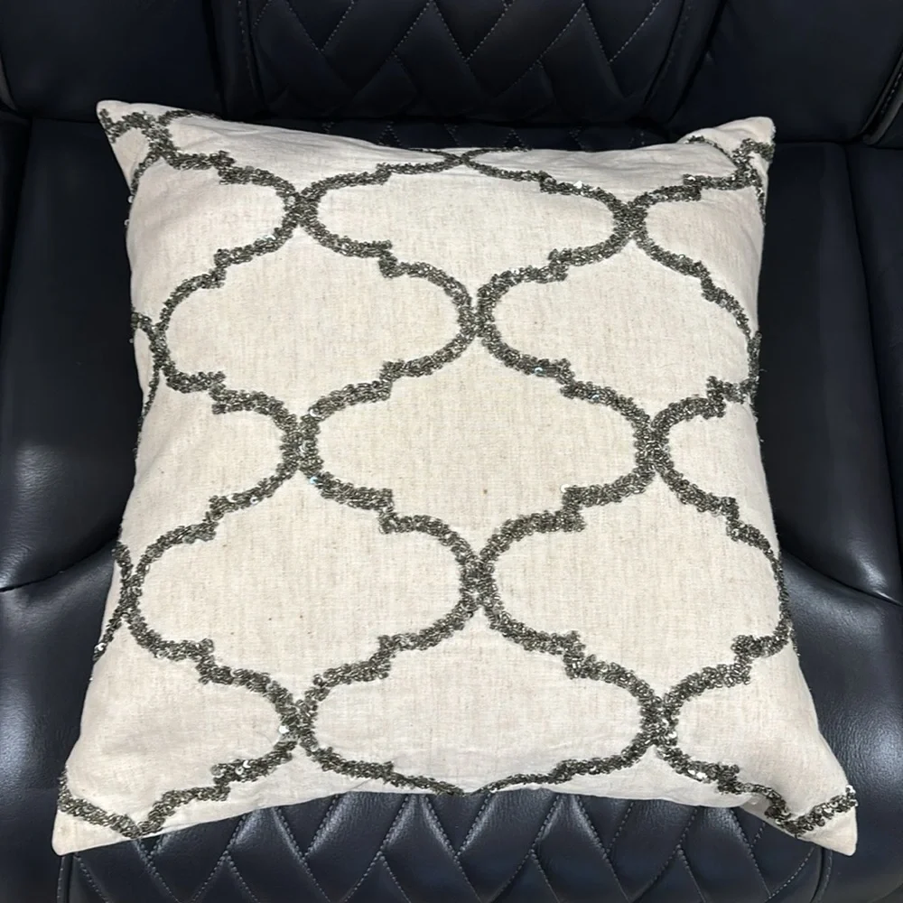 Pottery Barn Cream & Silver Pewter Beaded Sequins Geometric Tile Pillow